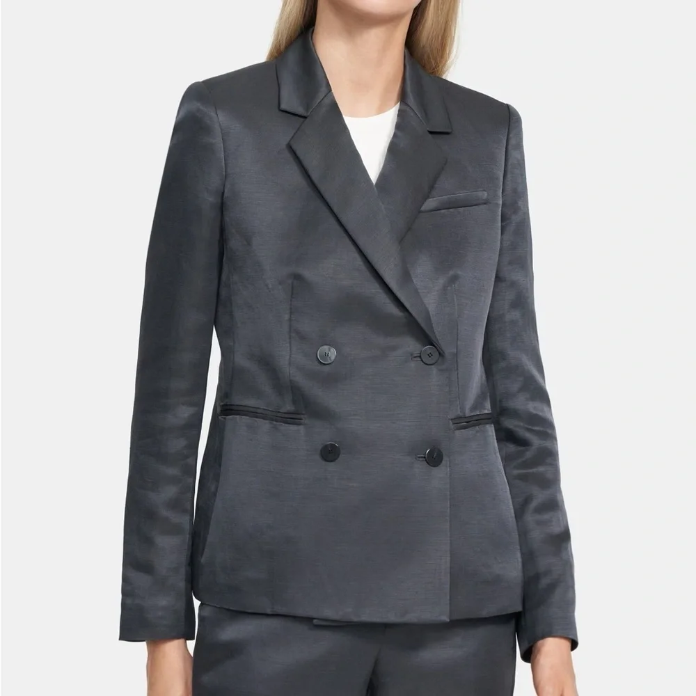 Theory Double-Breasted Shiny‎ Linen Blazer